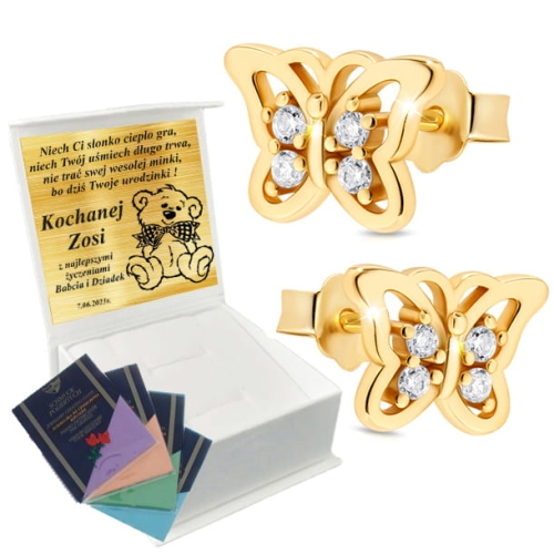 Złote Kolczyki Motylki z cyrkoniami Srebro 925 Grawer + PREZENT GRATIS