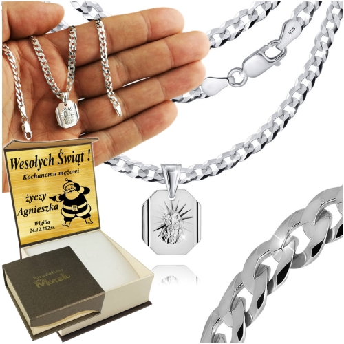 Łańcuszek Srebrny Męski 925 Pancerka 3,80mm z Medalikiem Grawer GRATIS
