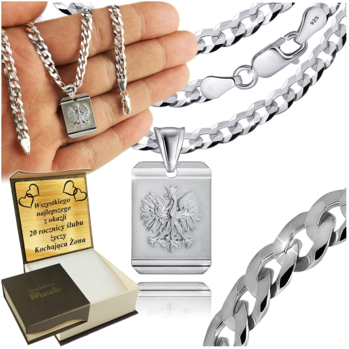 Łańcuszek Srebrny Męski 925 Pancerka 5mm z Orzełkiem Grawer GRATIS