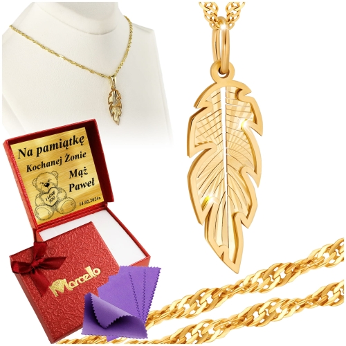 Złoty Łańcuszek 333 Naszyjnik Wisiorek PIÓRO Grawer UPOMINEK GRATIS