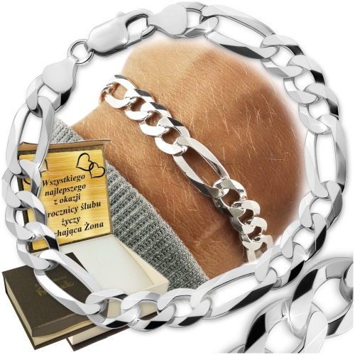 Bransoletka Srebrna Męska Figaro 9mm Pełna Diamentowana Srebro 925 GRAWER  