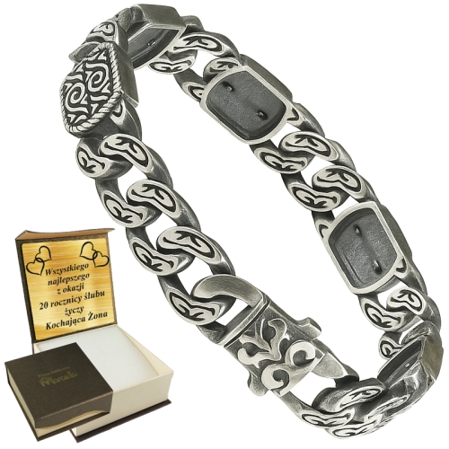 Męska srebrna bransoletka Pancerka Zdobiona  Masywna z grawerem, oksydowana