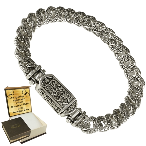 Męska srebrna bransoletka Pancerka Zdobiona  Masywna z grawerem, oksydowana  