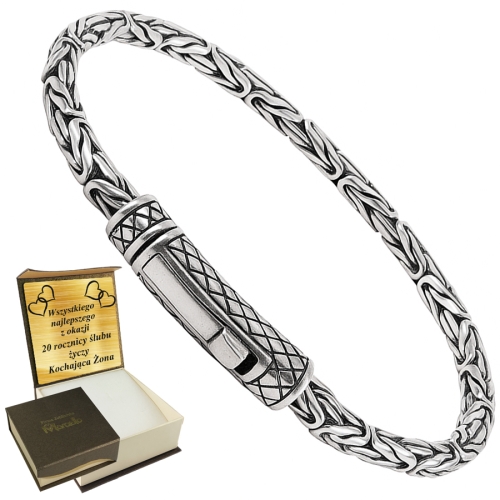 Męska srebrna bransoletka Królewska Zdobiona Masywna z grawerem, oksydowana