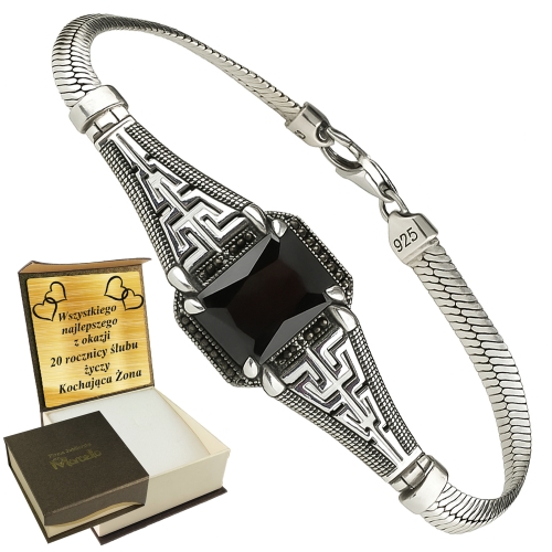 Męska Unikatowa Bransoleta Srebrna z Czarnym Kamieniem Grawer