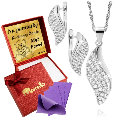 Srebrny Komplet Biżuterii Naszyjnik Kolczyki 925 Na Prezent z Grawerem