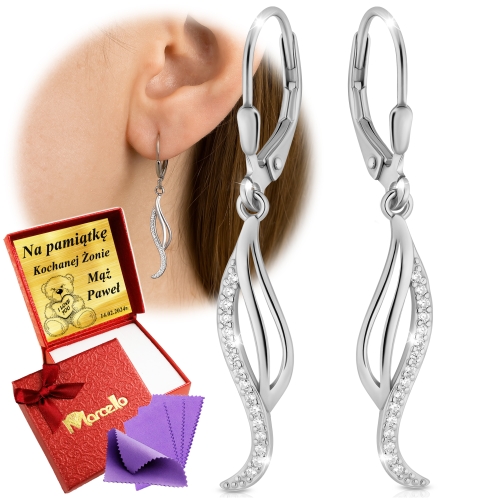 Srebrne Kolczyki Wiszące 925 Cyrkonie AAA Dla Kobiety Na Prezent z Grawerem