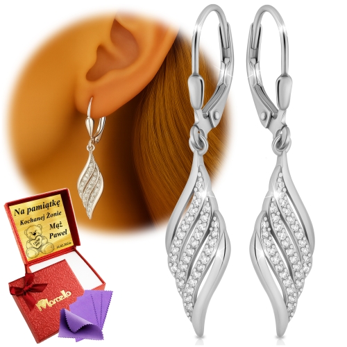 Srebrne Kolczyki Wiszące 925 Cyrkonie AAA Dla Kobiety Na Prezent z Grawerem