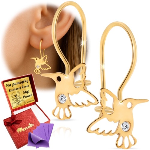 Złote Kolczyki Kolibry Wiszące Ptaszki z Cyrkoniami 333 Grawer GRATIS