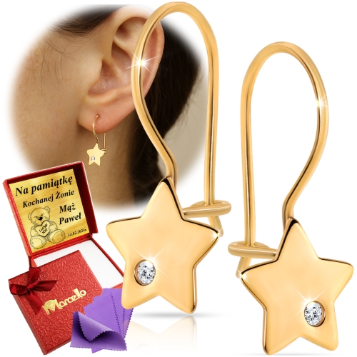 Złote Kolczyki Gwiazdki Wiszące z Cyrkoniami 333 Grawer GRATIS 