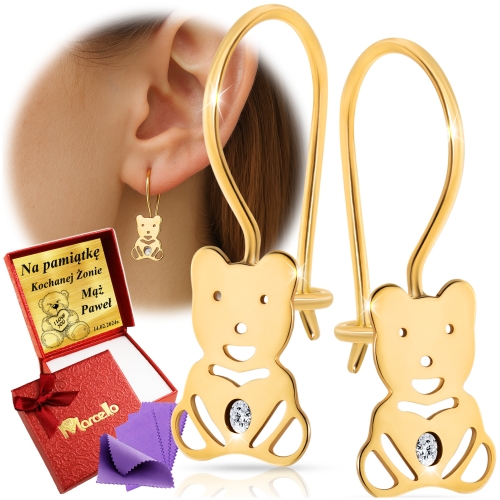 Złote Kolczyki Misie Wiszące z Cyrkoniami 333 Grawer UPOMINEK GRATIS
