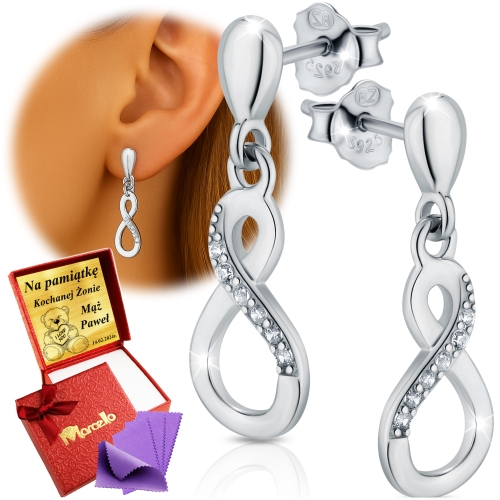Srebrne Kolczyki Nieskończoność Wiszące 925 Cyrkonie AAA Grawer + GRATIS