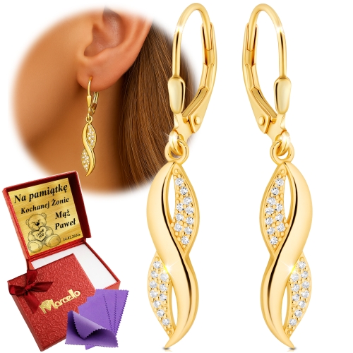 Złote Kolczyki Wiszące 925 z Cyrkoniami AAA Dla Kobiety Grawer  