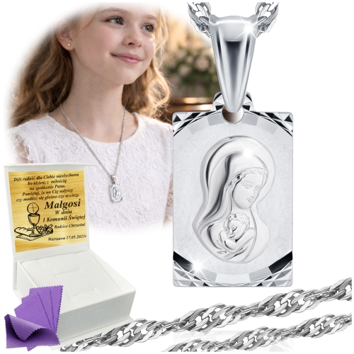 Srebrny Łańcuszek z Medalikiem 925 Komunia Chrzest   
