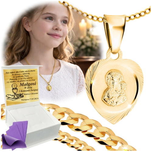 ZŁOTY ŁAŃCUSZEK Z MEDALIKIEM SREBRO 925/585 NA KOMUNIĘ CHRZEST GRAWER