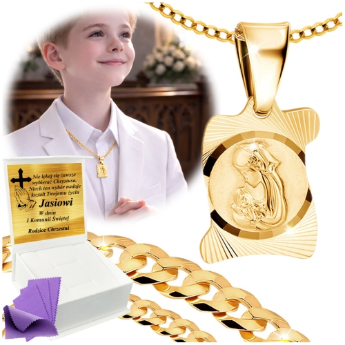 ZŁOTY ŁAŃCUSZEK Z MEDALIKIEM SREBRO 925/585 NA KOMUNIĘ CHRZEST GRAWER