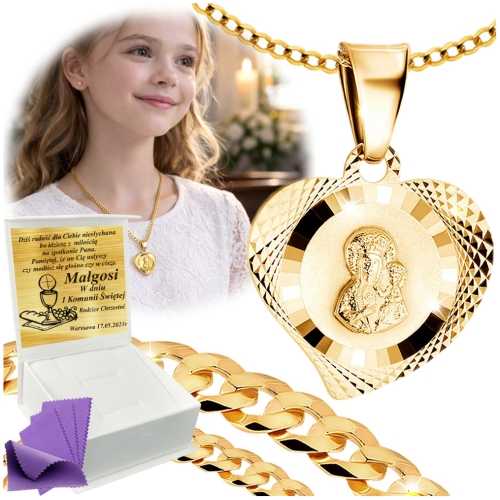 ZŁOTY ŁAŃCUSZEK Z MEDALIKIEM SREBRO 925/585 NA KOMUNIĘ CHRZEST GRAWER