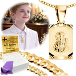 ZŁOTY ŁAŃCUSZEK Z MEDALIKIEM SREBRO 925/585 NA KOMUNIĘ CHRZEST GRAWER