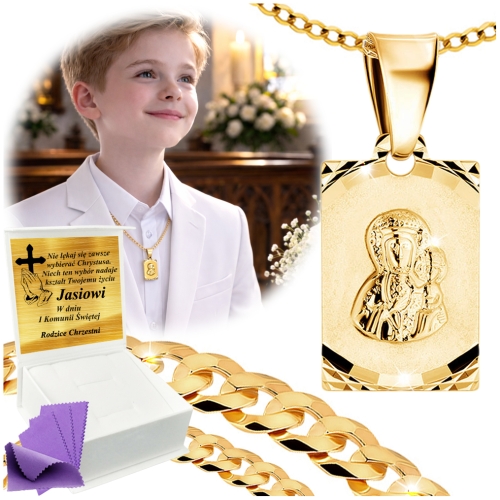 ZŁOTY ŁAŃCUSZEK Z MEDALIKIEM SREBRO 925/585 NA KOMUNIĘ CHRZEST GRAWER