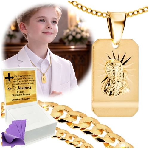ZŁOTY ŁAŃCUSZEK Z MEDALIKIEM SREBRO 925/585 NA KOMUNIĘ CHRZEST GRAWER