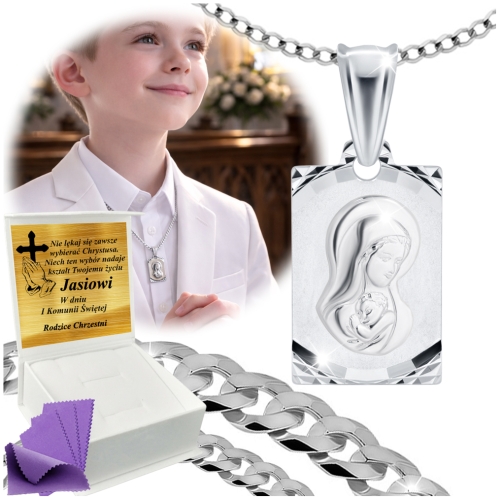 SREBRNY ŁAŃCUSZEK KOMUNIJNY Z MEDALIKIEM SREBRO 925 KOMUNIA CHRZEST GRAWER
