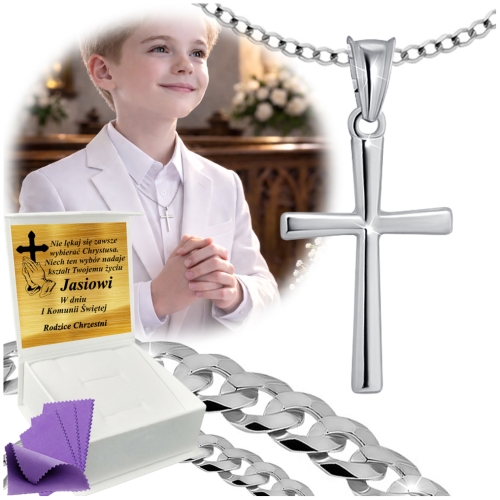 SREBRNY ŁAŃCUSZEK KOMUNIJNY Z KRZYZYKIEM SREBRO 925 KOMUNIA CHRZEST GRAWER