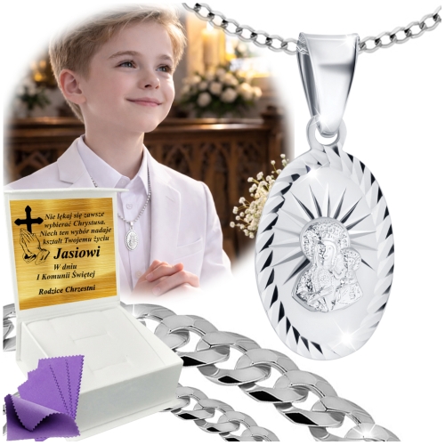 SREBRNY ŁAŃCUSZEK KOMUNIJNY Z MEDALIKIEM SREBRO 925 KOMUNIA CHRZEST GRAWER
