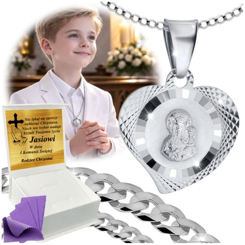 SREBRNY ŁAŃCUSZEK KOMUNIJNY Z MEDALIKIEM SREBRO 925 KOMUNIA CHRZEST GRAWER