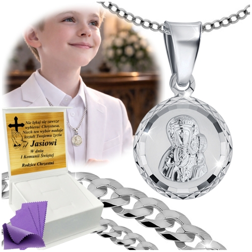SREBRNY ŁAŃCUSZEK KOMUNIJNY Z MEDALIKIEM SREBRO 925 KOMUNIA CHRZEST GRAWER