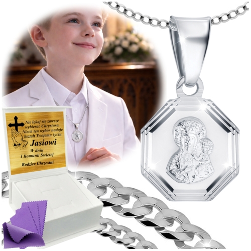 SREBRNY ŁAŃCUSZEK KOMUNIJNY Z MEDALIKIEM SREBRO 925 KOMUNIA CHRZEST GRAWER