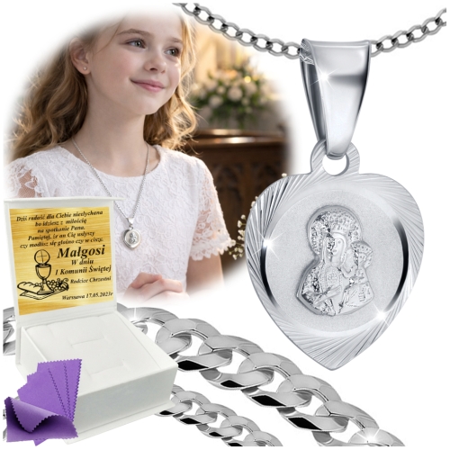 SREBRNY ŁAŃCUSZEK KOMUNIJNY Z MEDALIKIEM SREBRO 925 KOMUNIA CHRZEST GRAWER