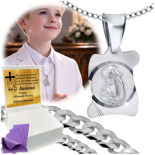 SREBRNY ŁAŃCUSZEK KOMUNIJNY Z MEDALIKIEM SREBRO 925 KOMUNIA CHRZEST GRAWER