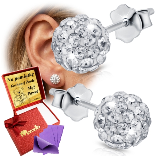 Srebrne Kolczyki Kulki Swarovski Srebro 925 Grawer + PREZENT GRATIS