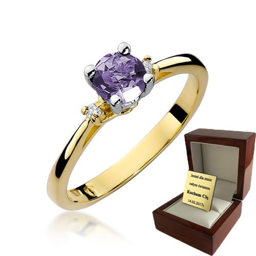 ZŁOTY PIERŚCIONEK ZARĘCZYNOWY  Z BRYLANTEM + Ametyst