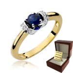 ZŁOTY PIERŚCIONEK ZARĘCZYNOWY  Z BRYLANTAMI i SZAFIREM