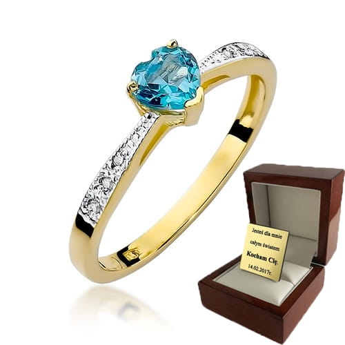 ZŁOTY PIERŚCIONEK ZARĘCZYNOWY SERCE Z TOPAZEM I BRYLANTAMI
