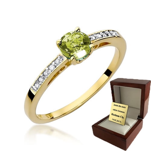 ZŁOTY PIERŚCIONEK ZARĘCZYNOWY Z OLIWINEM I BRYLANTAMI 