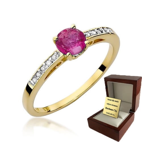 ZŁOTY PIERŚCIONEK ZARĘCZYNOWY Z RUBINEM I BRYLATAMI