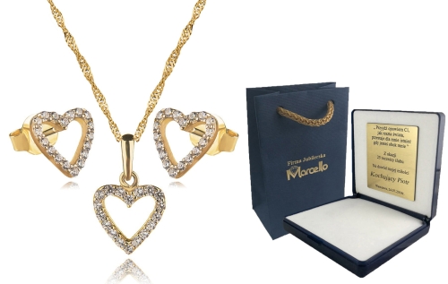 ZŁOTY KOMPLET NASZYJNIK KOLCZYKI SERCA 333+GRAWER